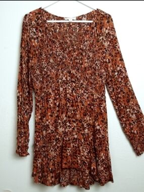 beachlunchlounge L/G Smocked Cuff Baby Doll Dress  Animal Print